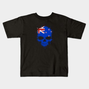 Chaotic New Zealand Flag Splatter Skull Kids T-Shirt